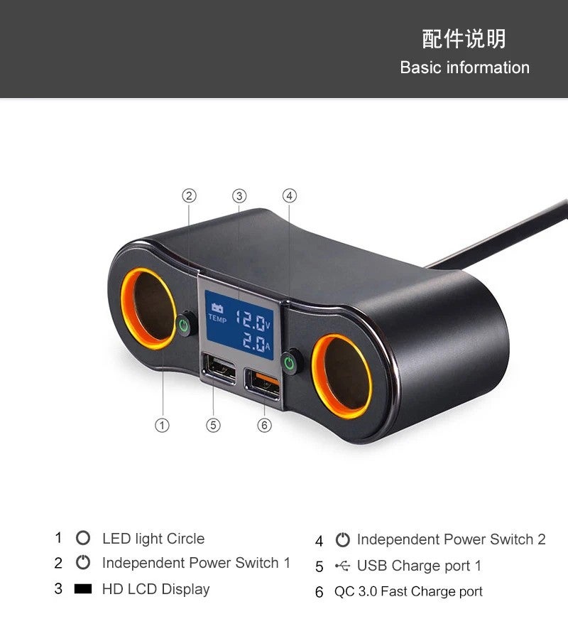 Bluejw 80W Car Charger Adapter Socket Splitter - 3.1A Dual USB Ports, LED Voltage Display, On/Off Switch Cigarette Lighter Automobile Charger - Image 3